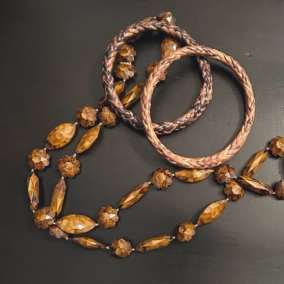 Vintage Lot Tortoise Beaded Celluloid Necklace & 2 Basket Weave Bangle Bracelets - Picture 11 of 11